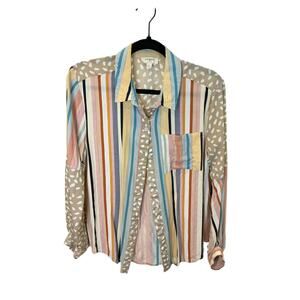 Umgee USA Women’s Button Front Blouse Striped Mixed Print Neutral Size S